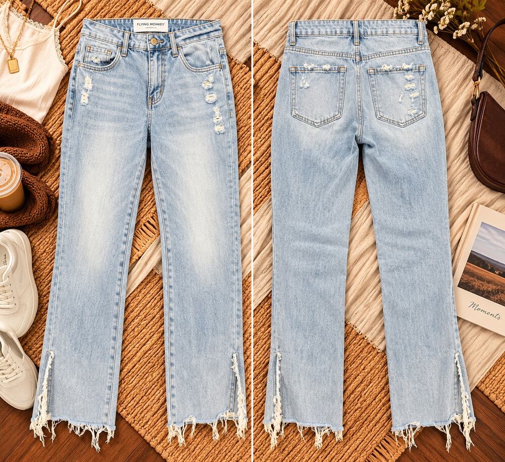 Flying Monkey Light Wash Straight Leg Raw Hem Jeans Size 24